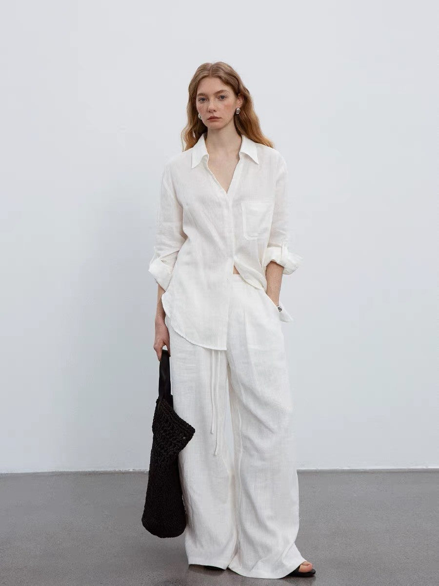 white V-neck linen long-sleeved shirt