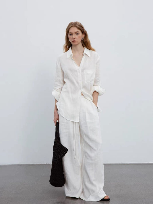 white V-neck linen long-sleeved shirt