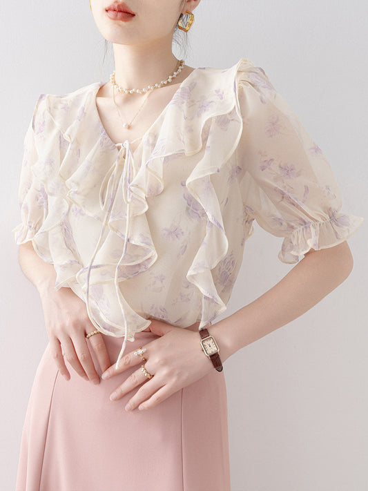 French-style ruffled V-neck short-sleeved shirt