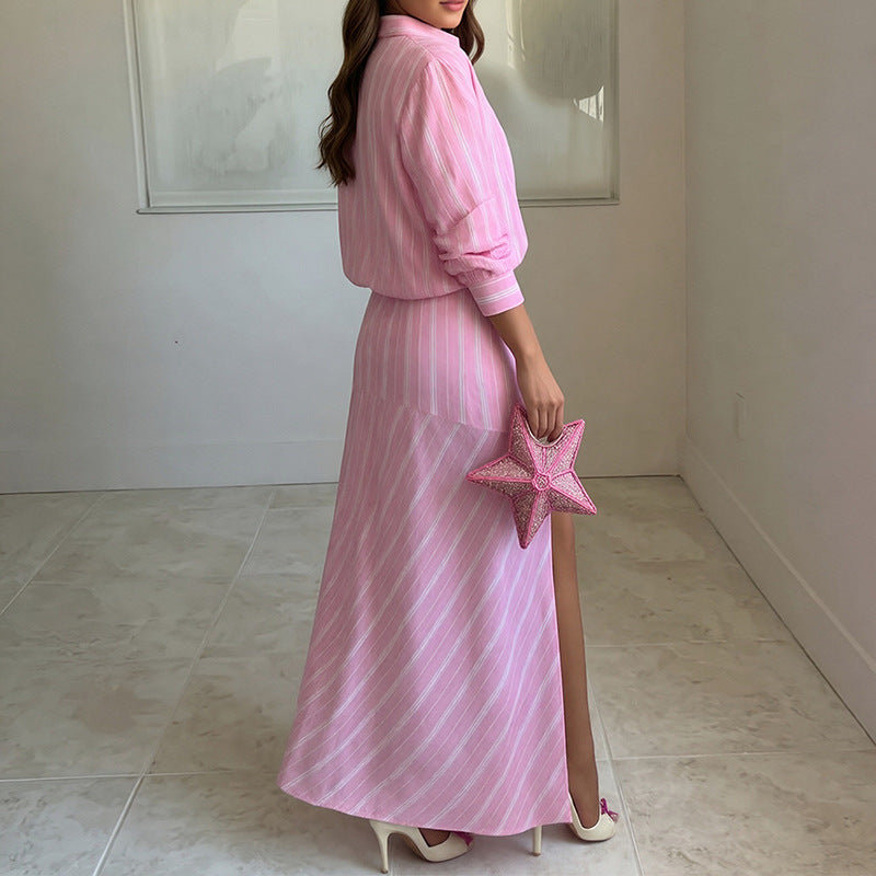 pink Striped Lapel Slit Long Skirt Set