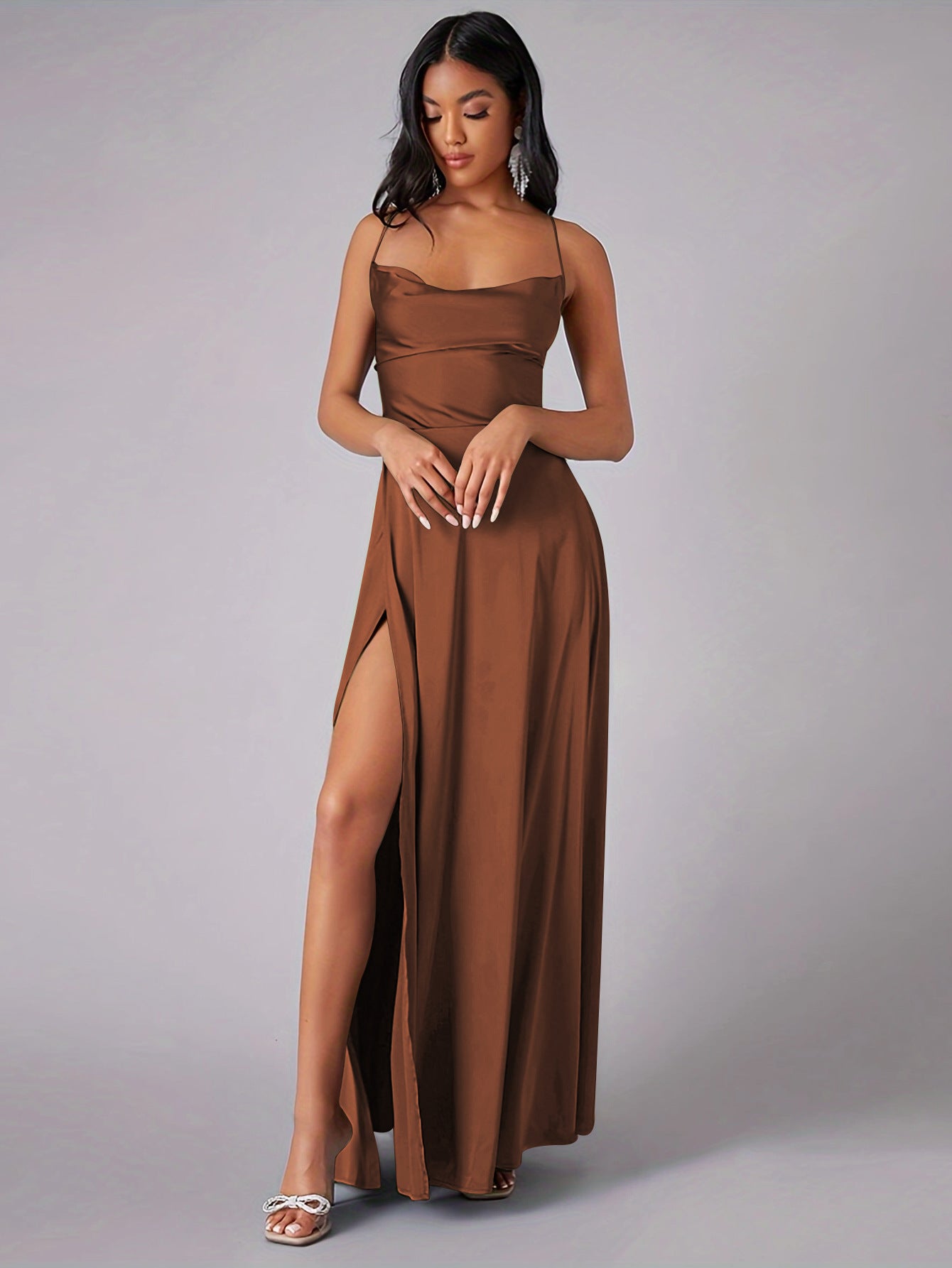 brown Slit-front fitted backless slip dress