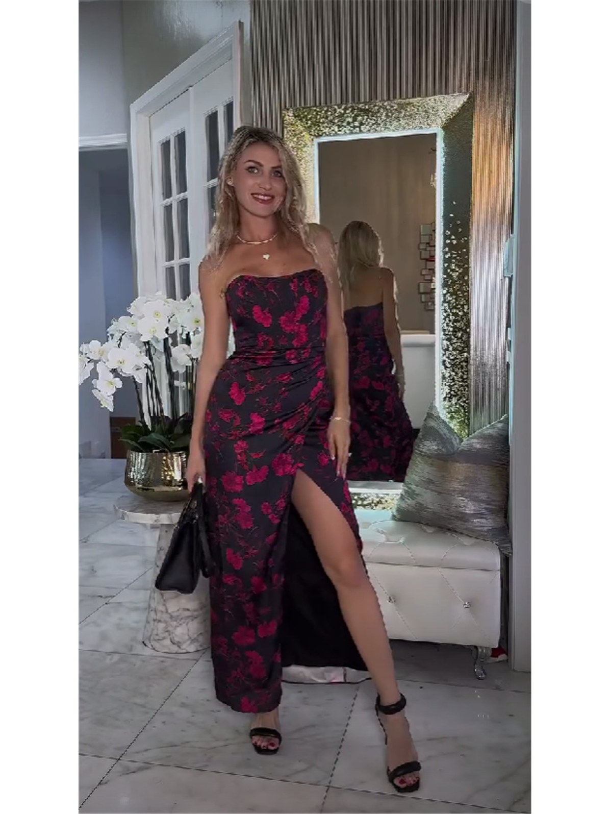 black background rose red print bandeau slit dress