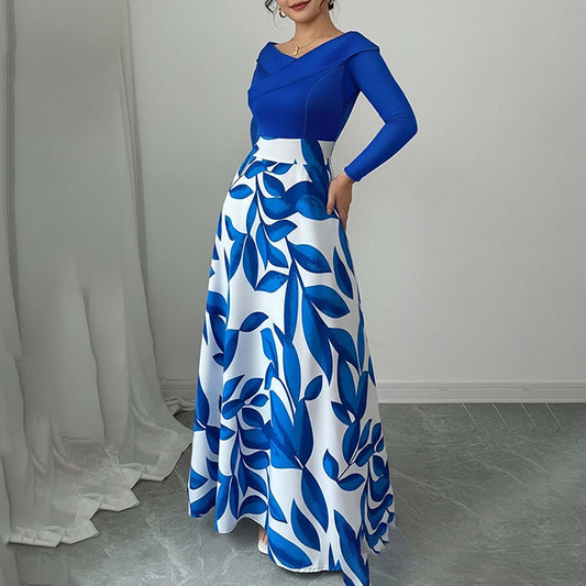 blue print long sleeve waist maxi dress