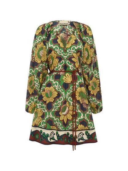 Bohemian V-neck floral print vacation mini dress  - green