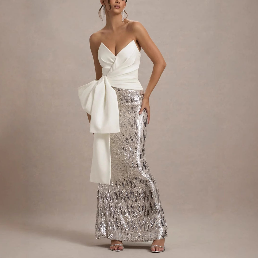 whtie V-neck strapless maxi dress