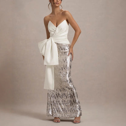 whtie V-neck strapless maxi dress