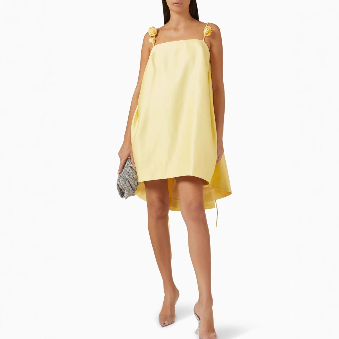 yellow Backless Floral Spaghetti-Strap Mini Dress