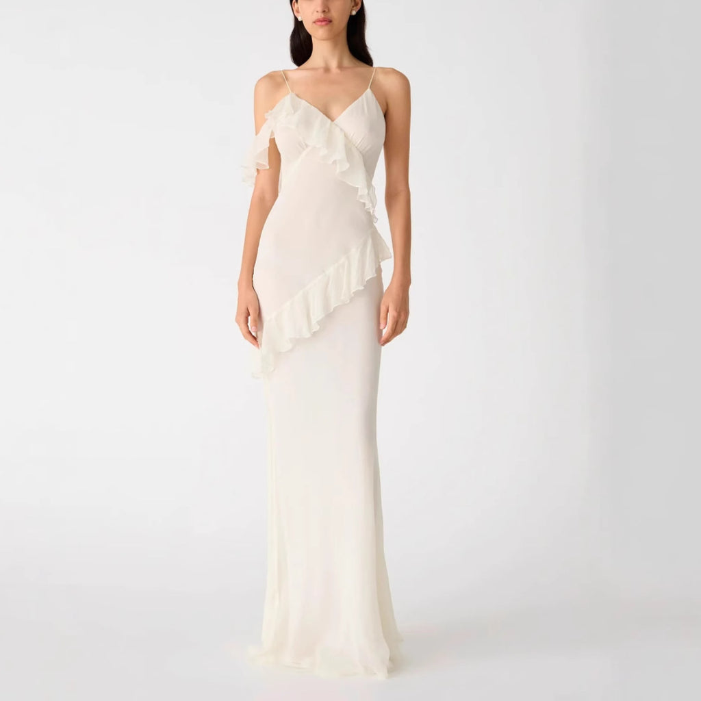 White backless ruffled halter maxi dress