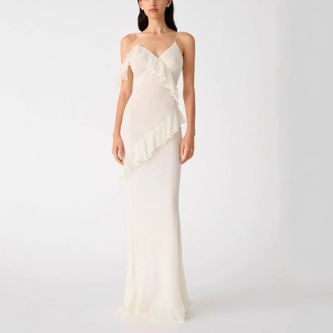 White backless ruffled halter maxi dress
