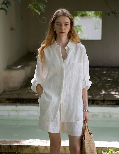 White linen oversized shirt and shorts set