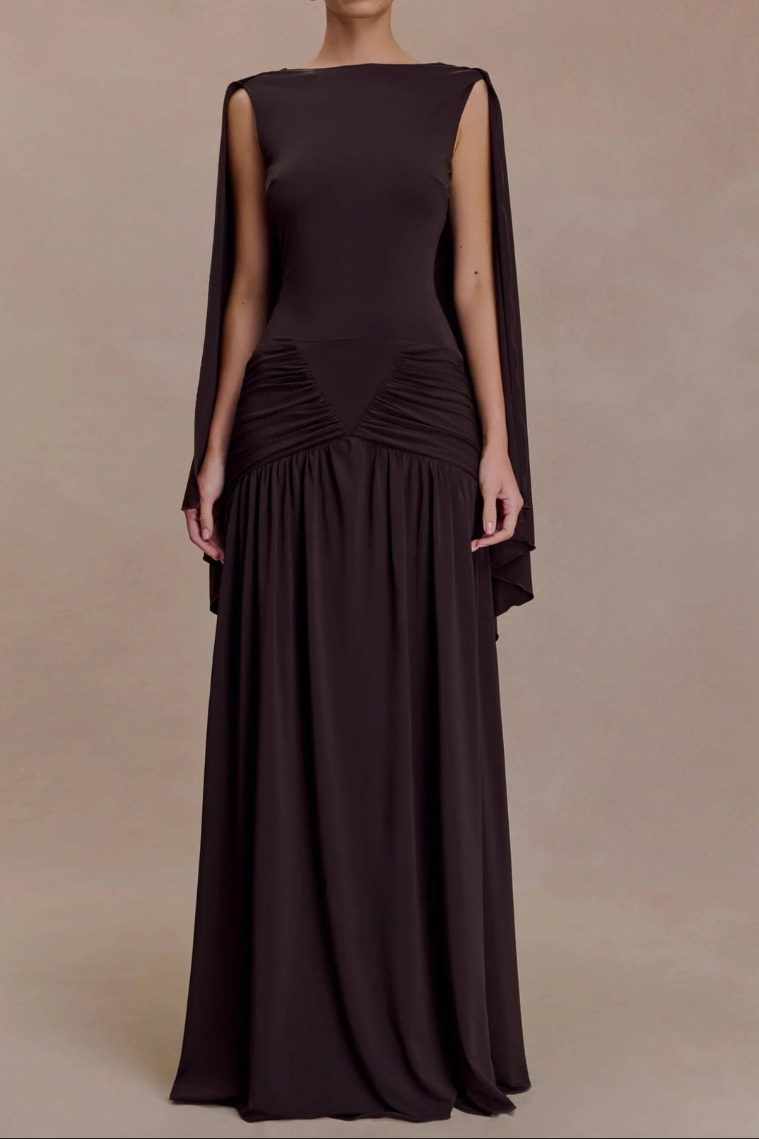 open back cape pleated maxi dress