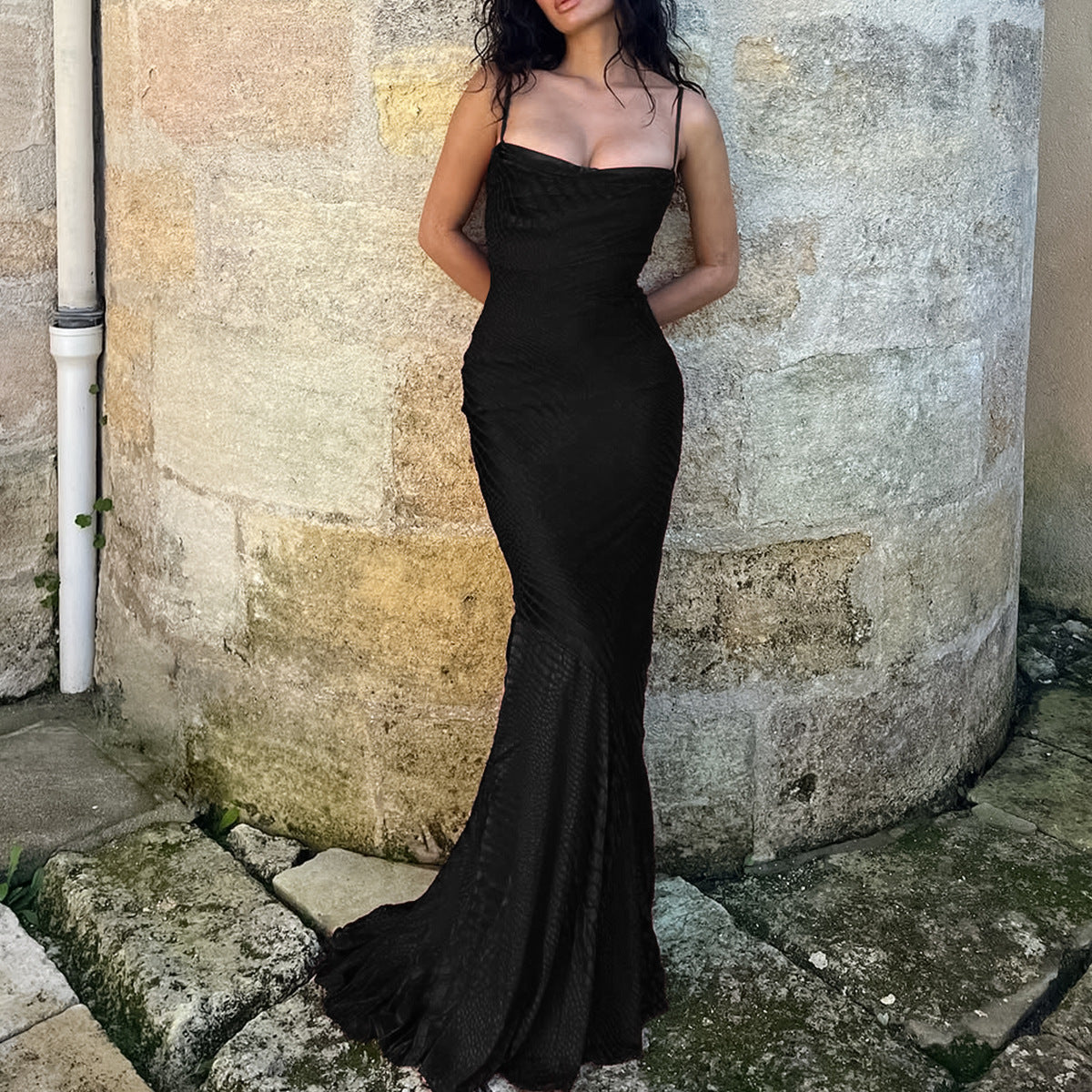 black suspender fishtail evening dress