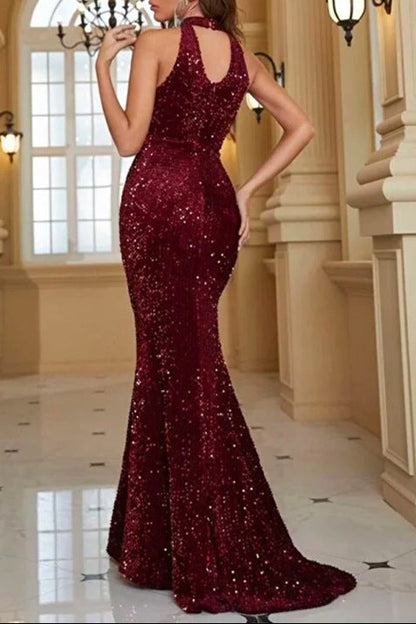 red wine suspender sequin fishtail dress