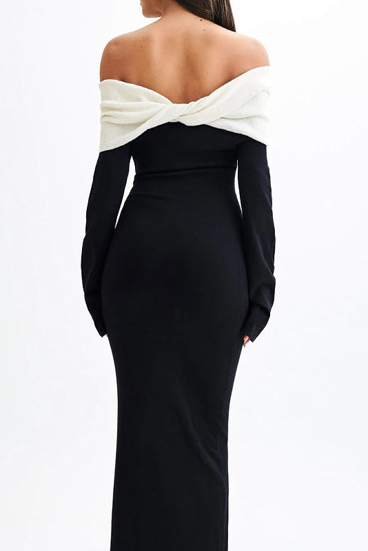 black Off-the-shoulder long-sleeved maxi dress
