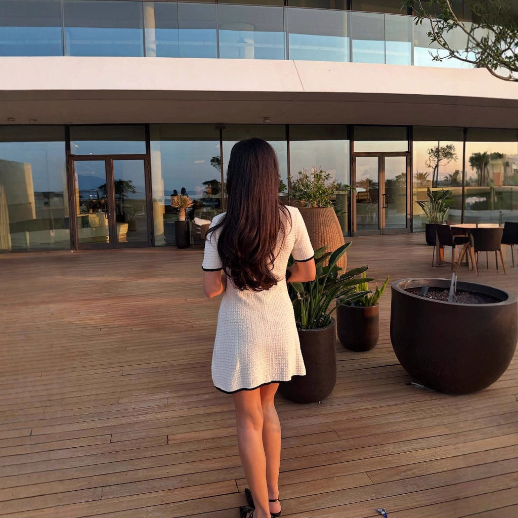 white knitted short-sleeved button-down  mini dress