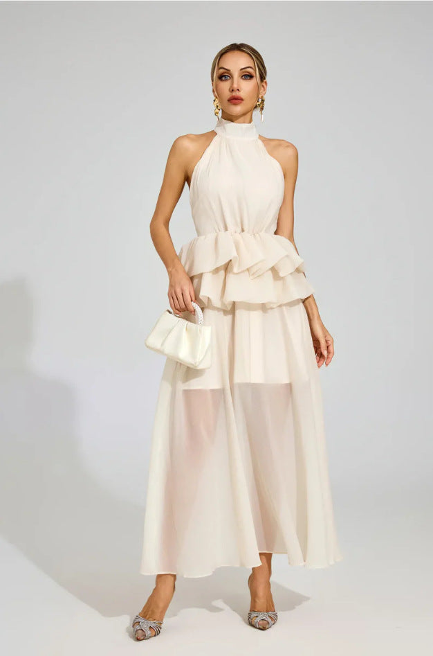 apricot sleeveless halterneck fluffy ruffled dress