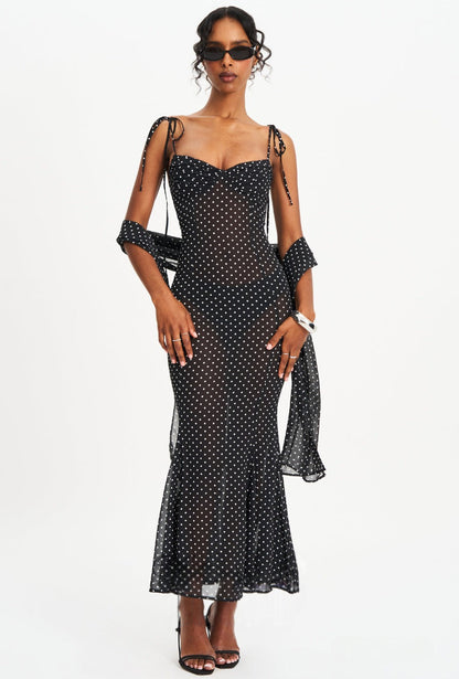 black suspender scarf decorated with polka dot print backless dress