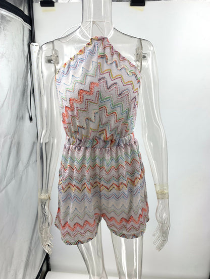 Print Colorful Wave Open Back Halterneck Slit Jumpsuit