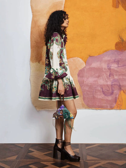 floral print Linen shirt collar mini dress