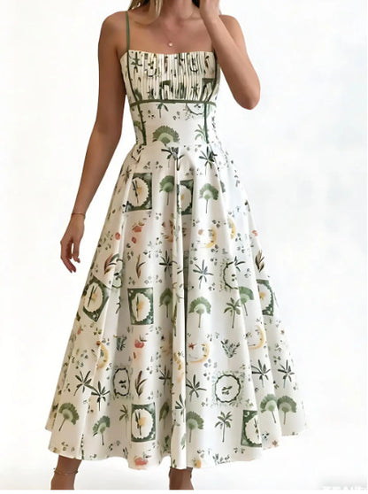 printed camisole waist-cinched midi dress