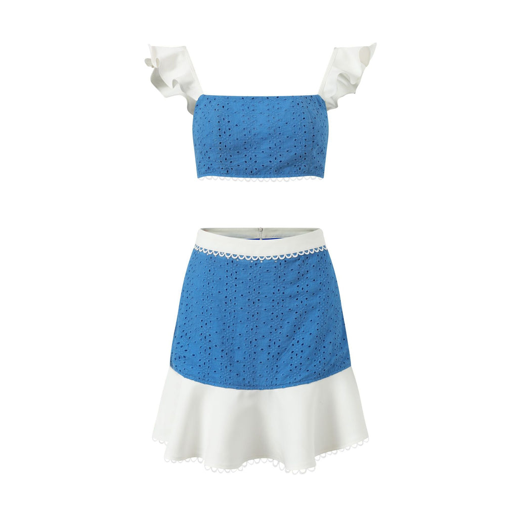 Ruffled camisole top and skirt set - white / Blue