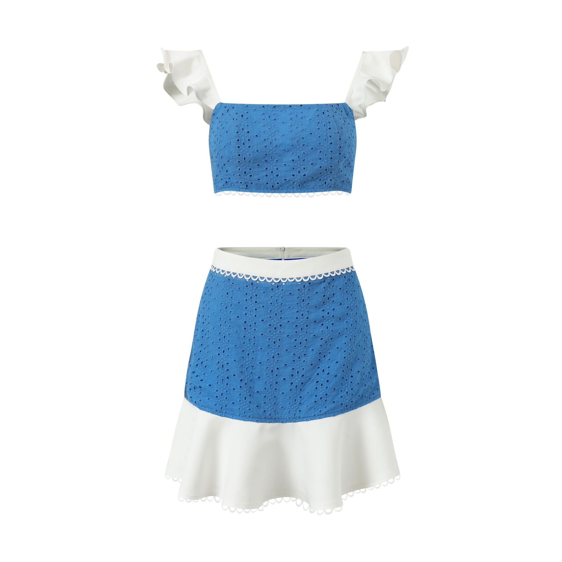 Ruffled camisole top and skirt set - white / Blue