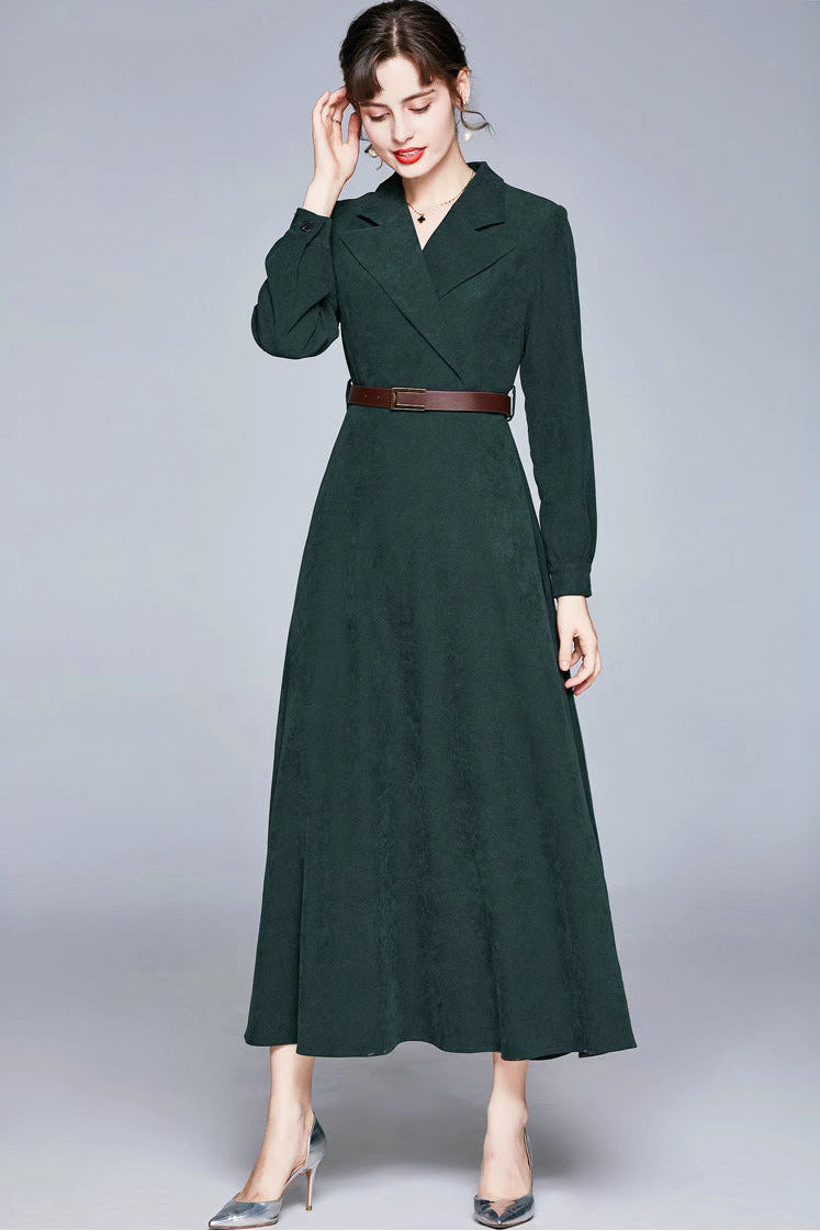 green Suit collar fitted waist maxi dress