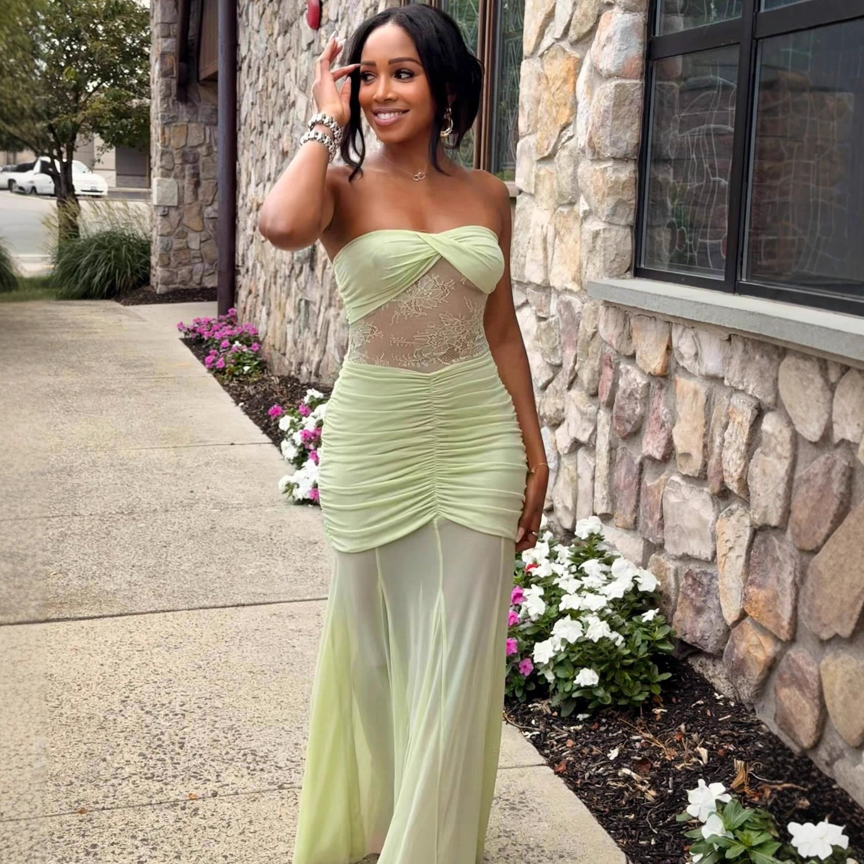 spliced lace gauze mesh chiffon bandeau dress