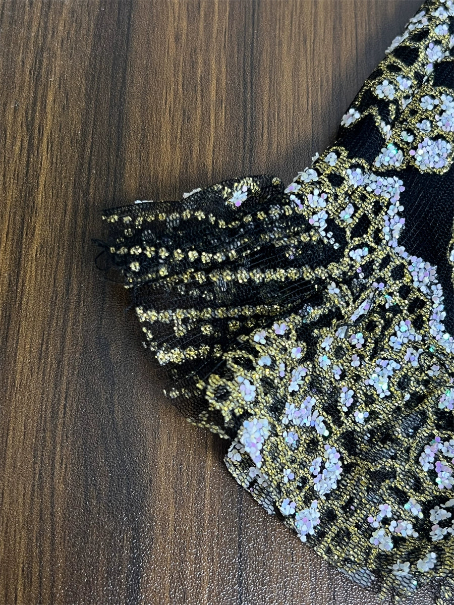 black sequins flower deep V backless mini dress