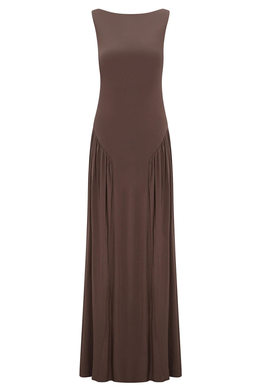 brown pleated one-line neck pleated open back dress