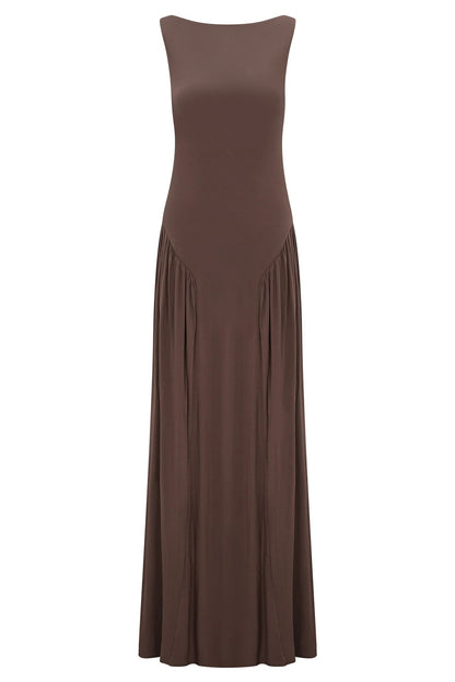 brown pleated one-line neck pleated open back dress
