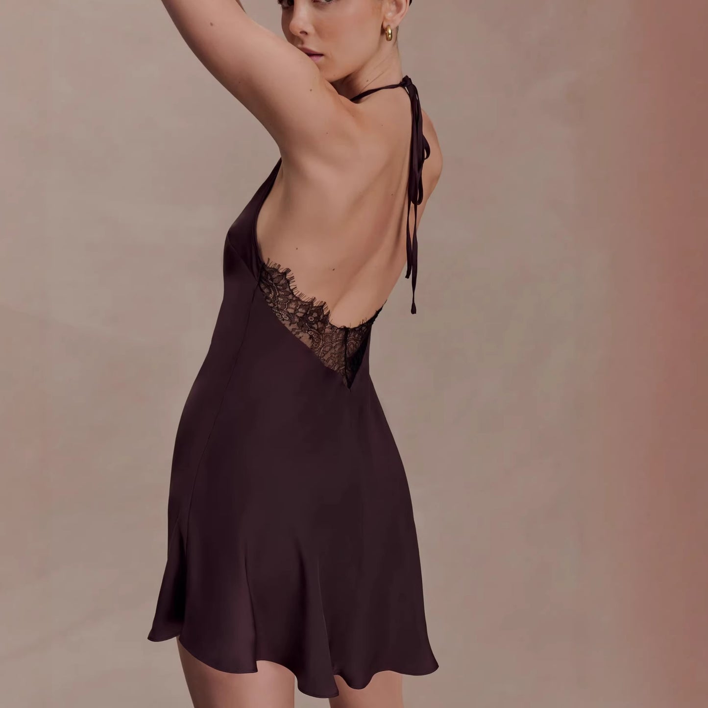 brown open back cross-border satin mini dress