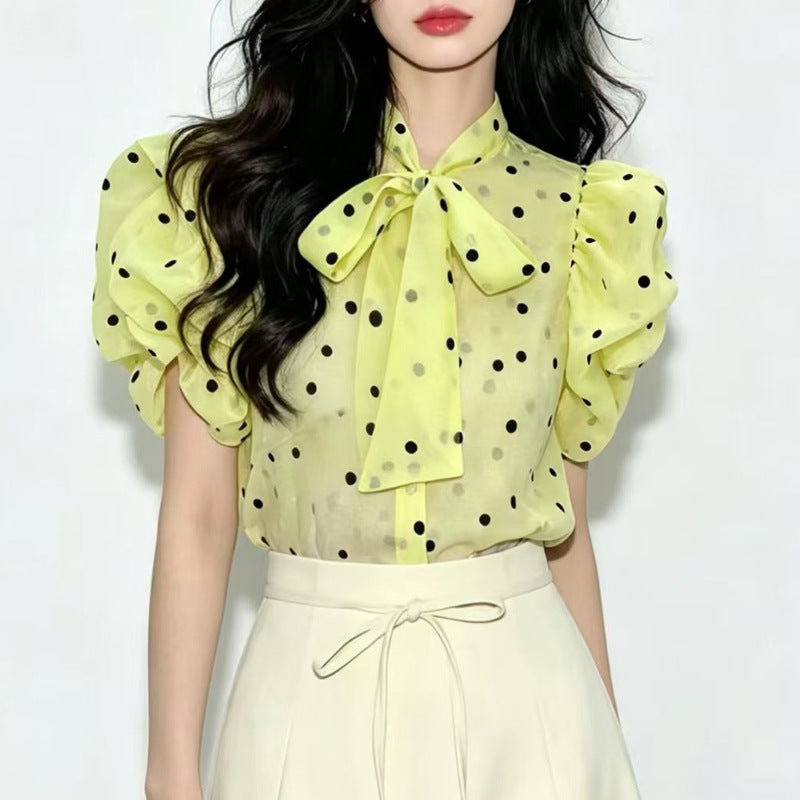 3D bow-tie puff sleeve polka dot sheer shirt