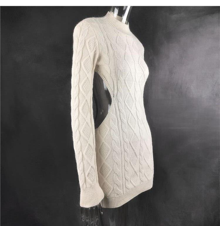 white backless long sleeve twist knitted sweater dress