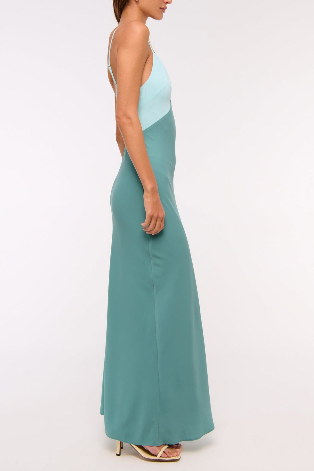 blue open back suspender color-blocking dress