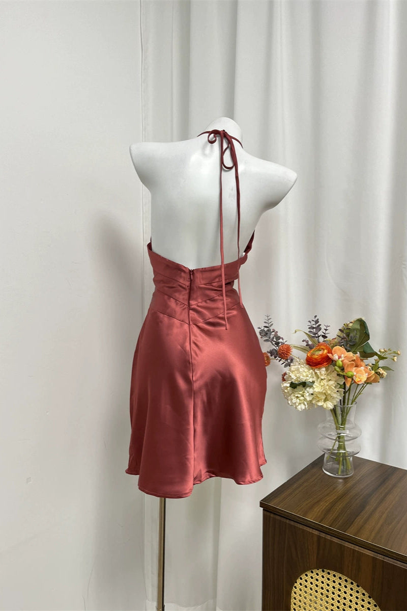 brown halterneck backless dress