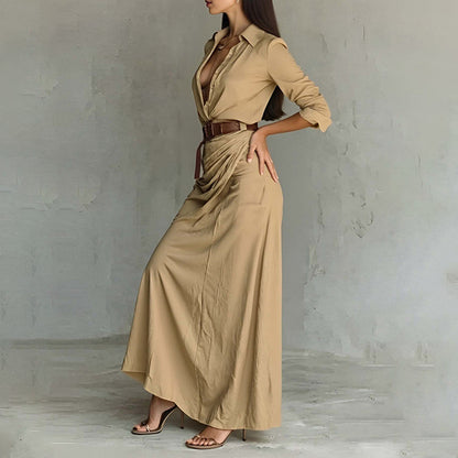 khaki waist slim V-neck dress