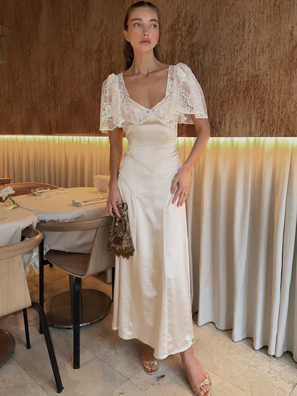 French apricot lace long skirt dress