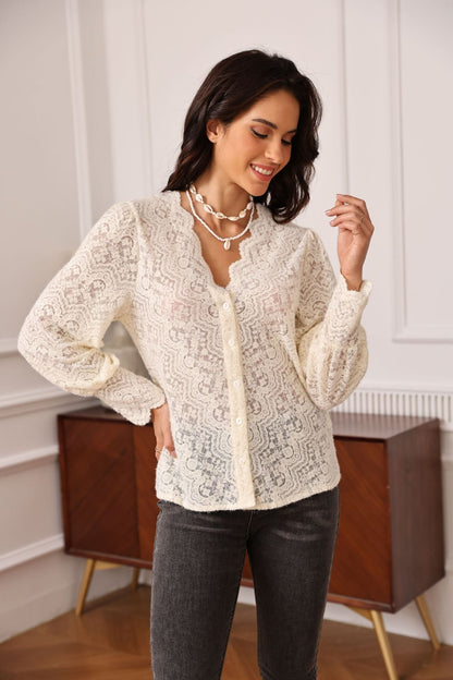 V-neck long sleeve lace top