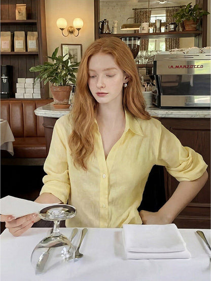 Light Yellow Linen V-Neck Three-quarter Sleeve Shirt