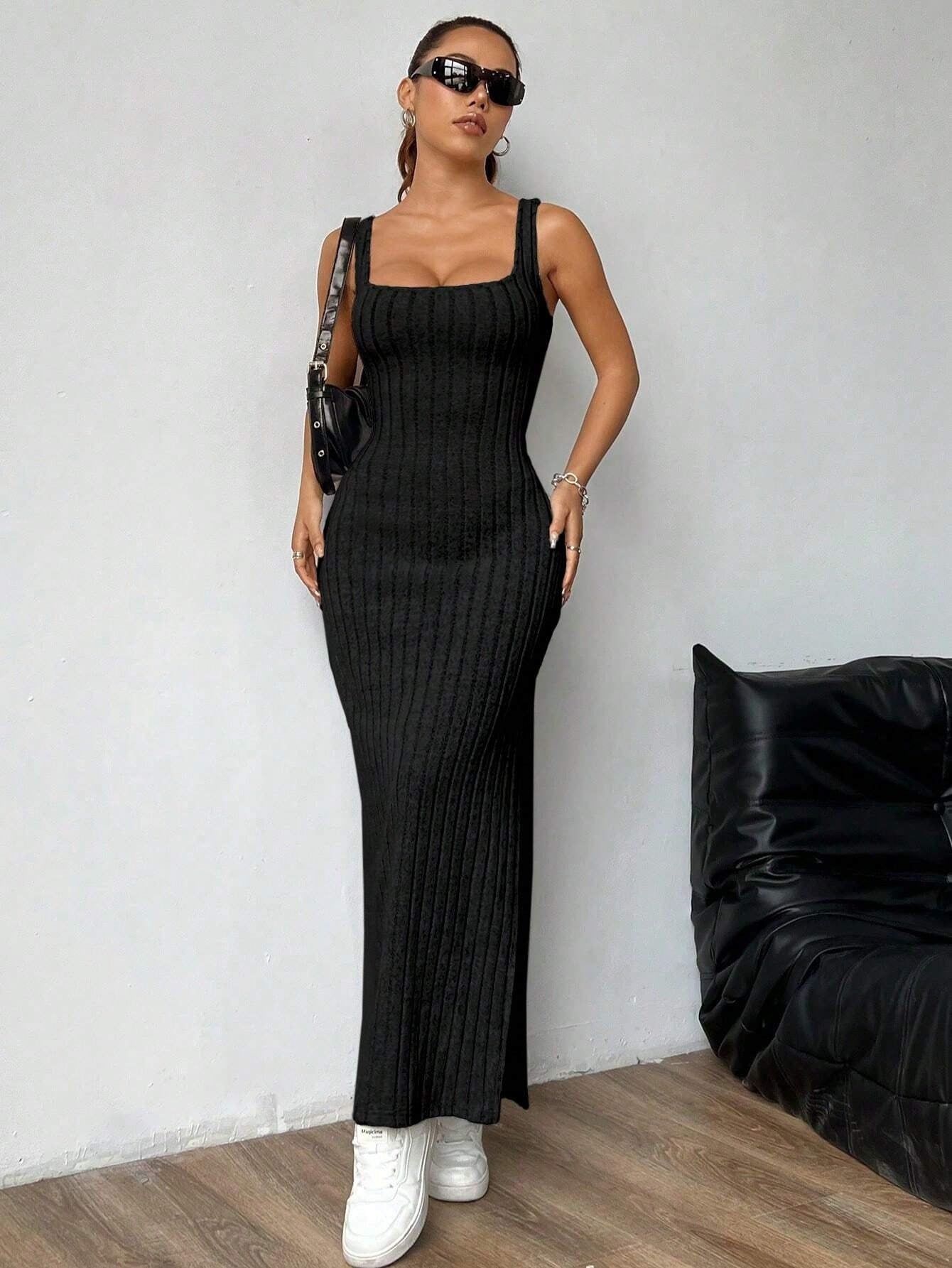 black High-waisted halter-neck slit maxi skirt