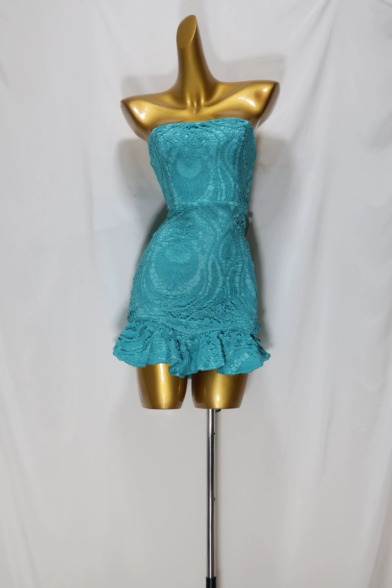 blue lace wrap chest mini dress