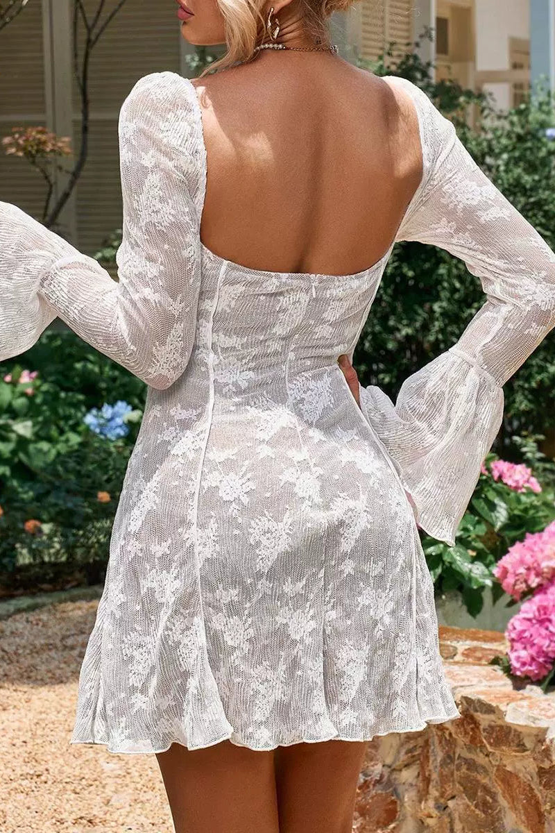 white lace flared sleeves square neck mini dress