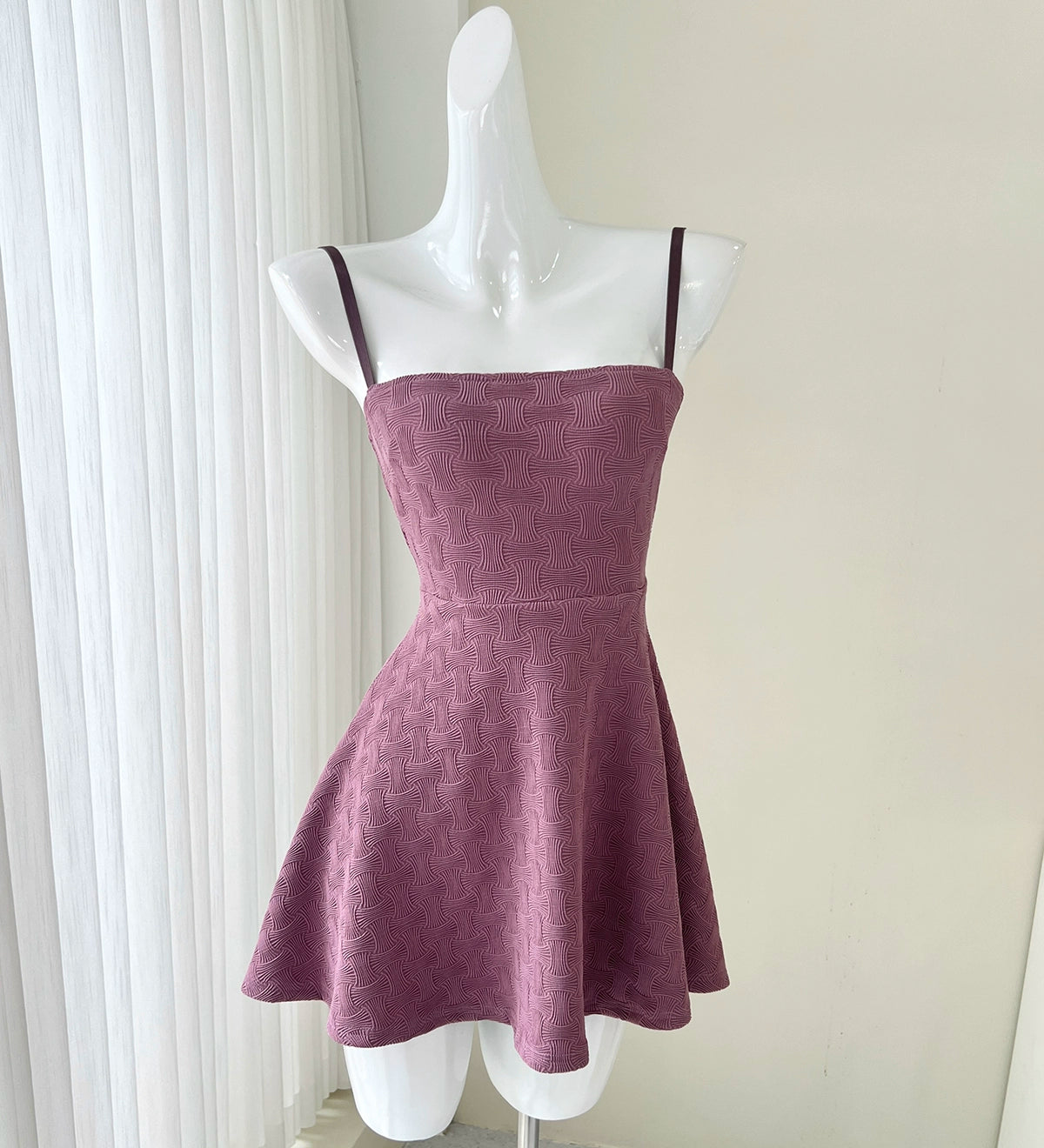 purple off-shoulder cinched waist A-line mini dress