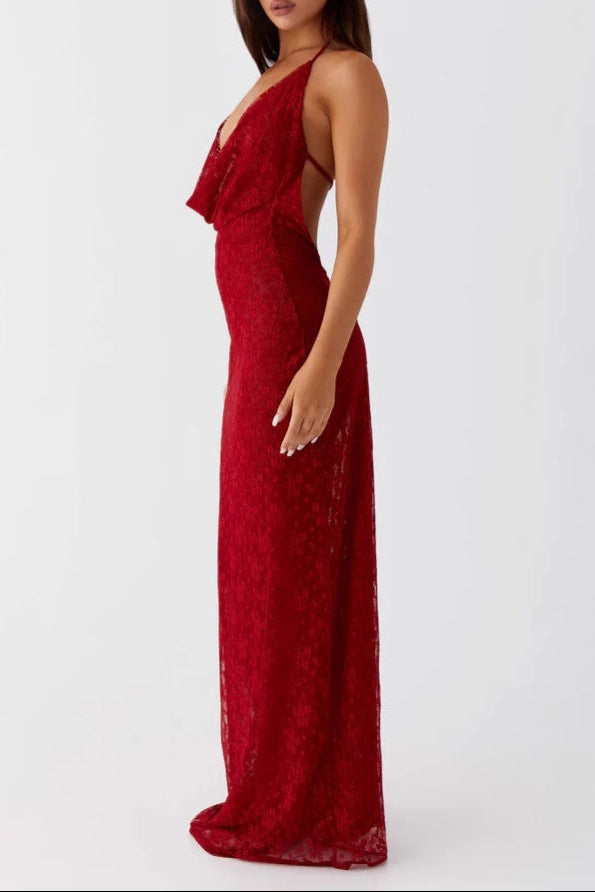 carlin red Lace-up backless slip dress