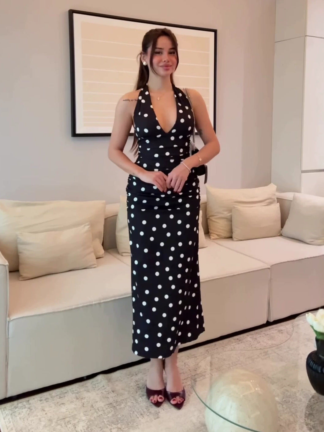 black Polka Dot Halter-Neck Sleeveless Waist-Cinching  Dress