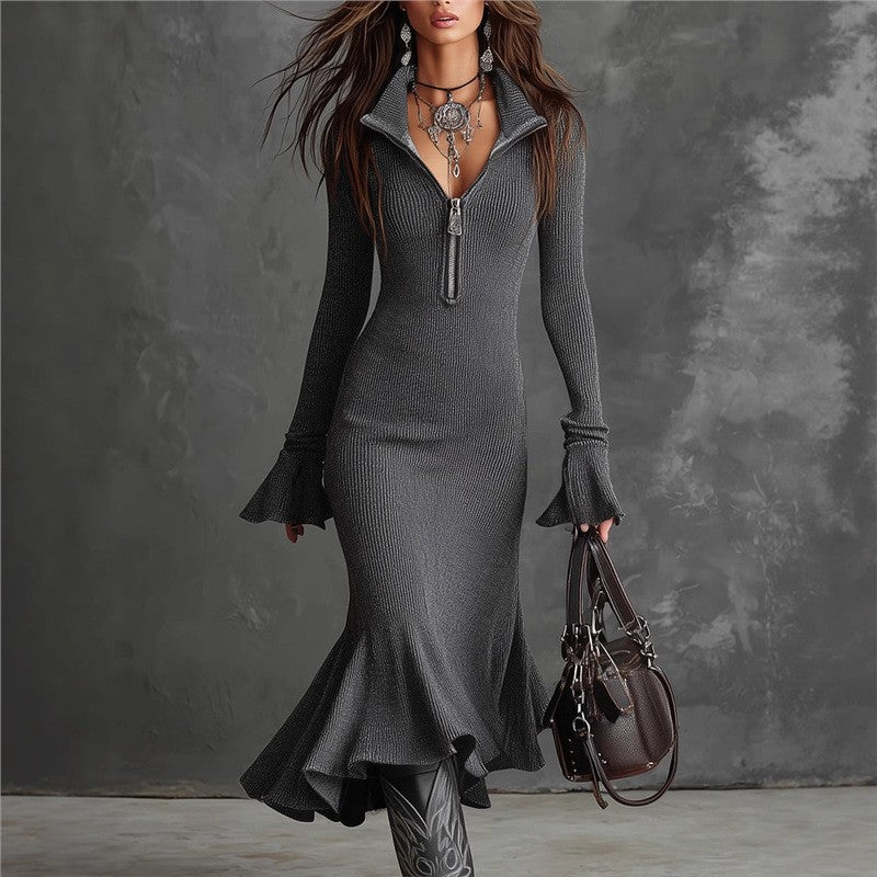 Zippered collar bell sleeve knit fishtail dress