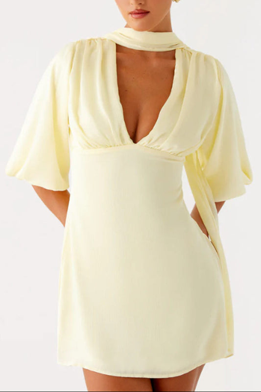 yeloow V-neck lantern mid-sleeve waist dress