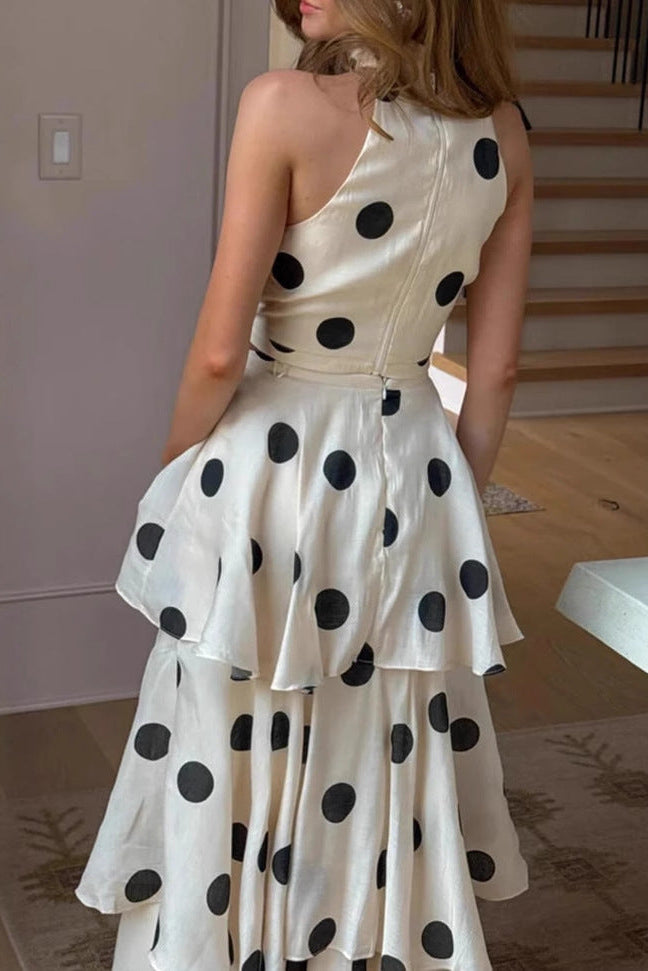 polka dot print halterneck sleeveless top skirt set