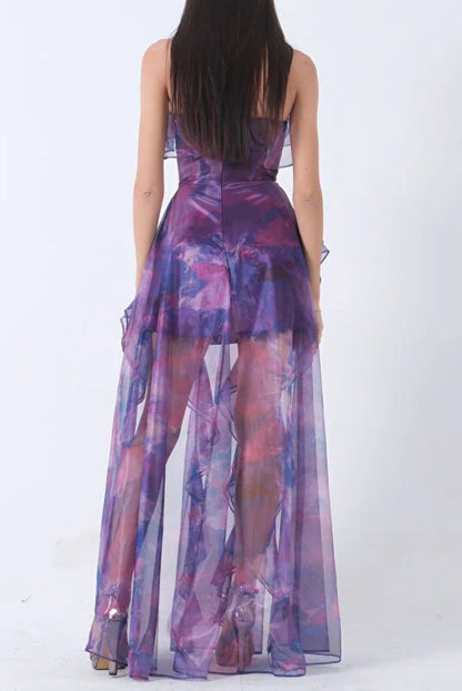 purple chiffon bandeau print dress